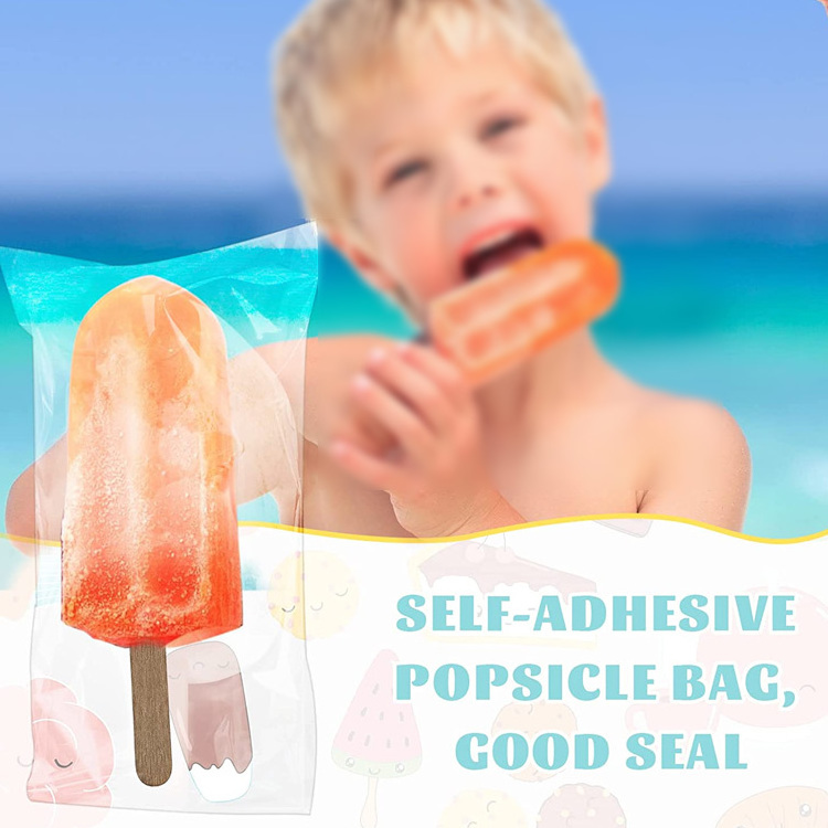 Custom Self Adhesive Cellophane Bag Diy Icecream Ice Lolly Plastic Candy Wrappers with Labels and Wooden Stick