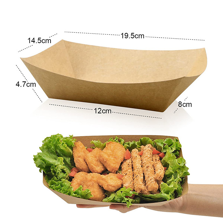 Recyclable Eco-friendly Boats Baskets Heavy Duty Disposable Kraft Brown French Fries Nachos Hot Dogs Bbq Paper Tray for Food