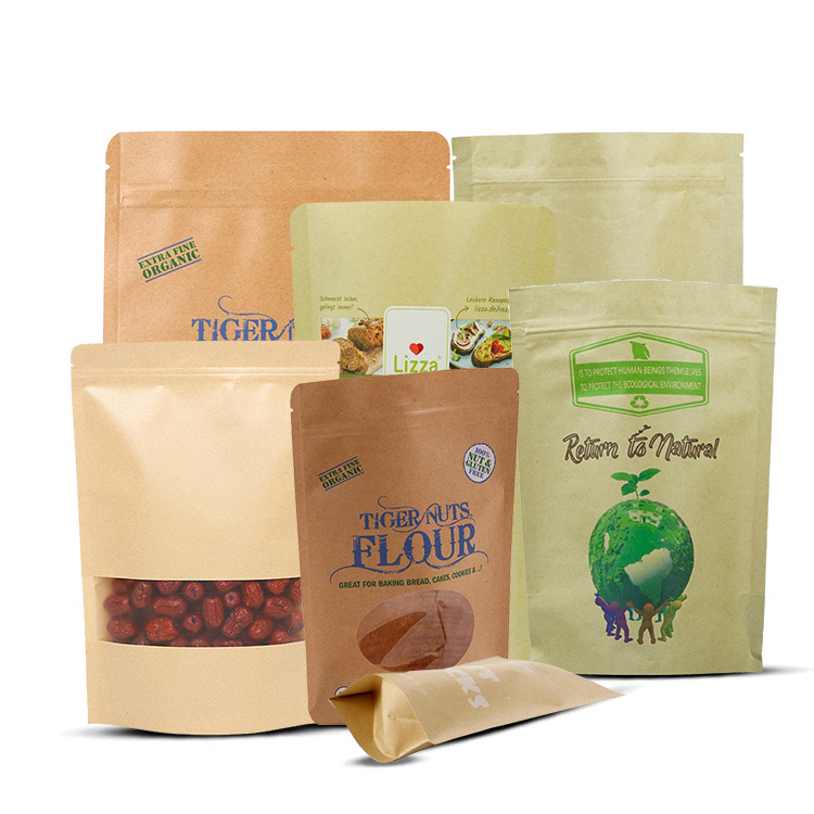 Free Sample Food Packaging Brown Kraft Paper Bag with Clear Window Display Stand Up Pouch with Zipper Lock