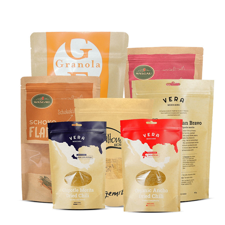 Free Sample Food Packaging Brown Kraft Paper Bag with Clear Window Display Stand Up Pouch with Zipper Lock