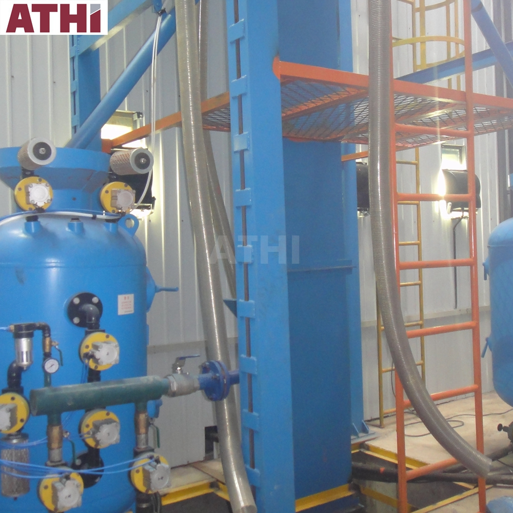 shot blasting booth with automatic shot abrasive recovery system and sand blasters