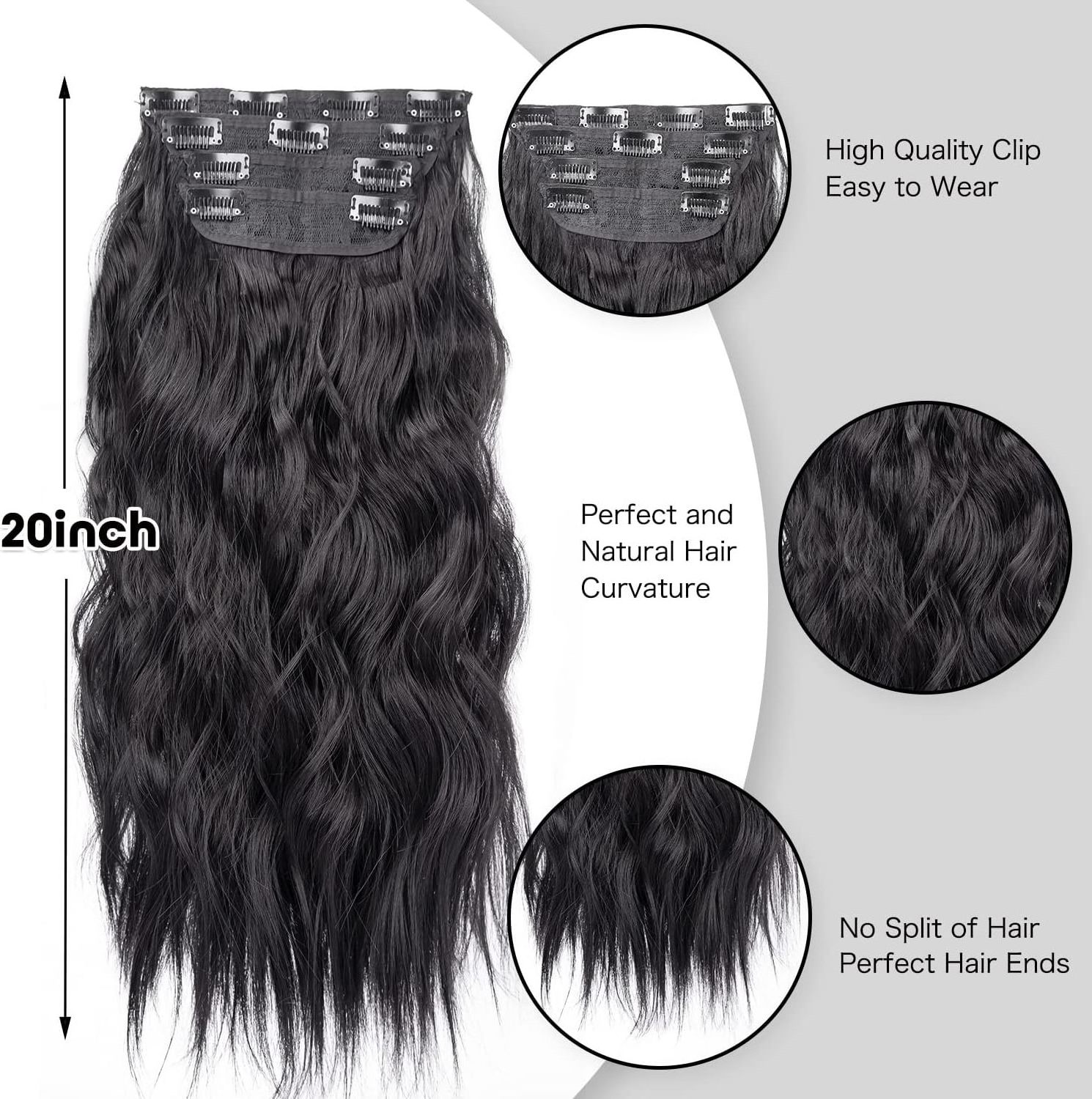 Clip in Hair Extensions 4PCS Black Thick Hair Piece 20