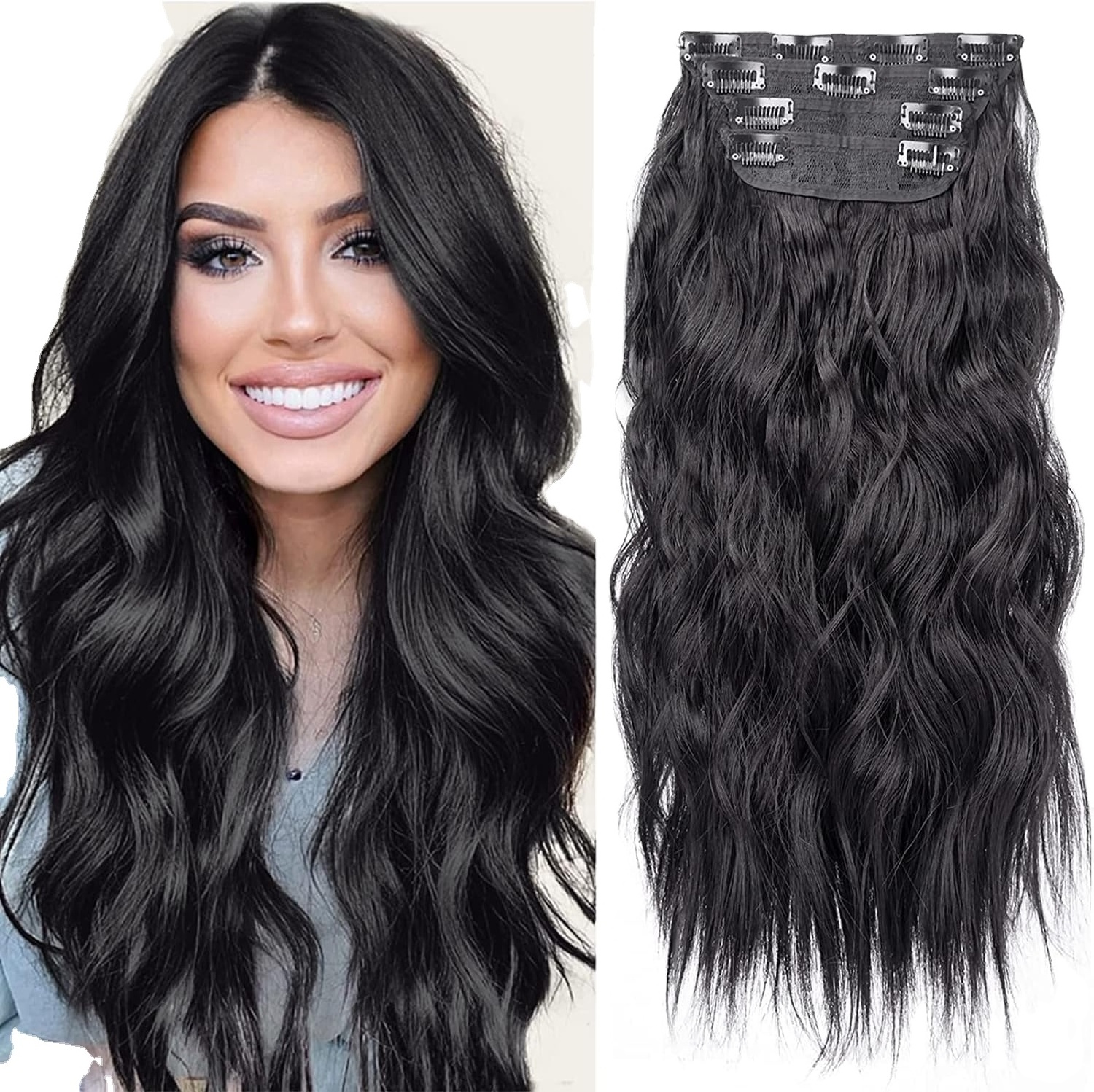 Clip in Hair Extensions 4PCS Black Thick Hair Piece 20