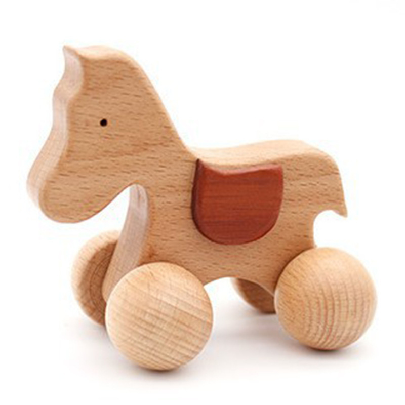 Baby Educational Toys 0-3 Years 1PC Toys For Babies Beech Car Dog Pony Infants Developmental Newborn Gifts Wooden Car Puppy Cart