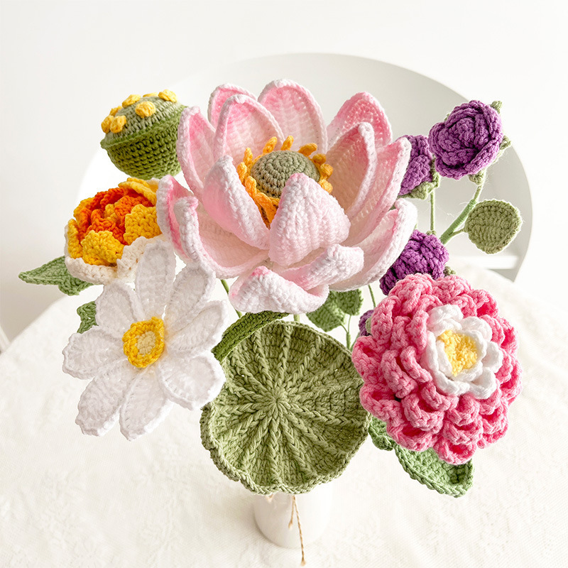 Knitted Knit Flower Finished Product Crochet Flowers Free Pattern Crochet Flower Bouquet Home Decoration