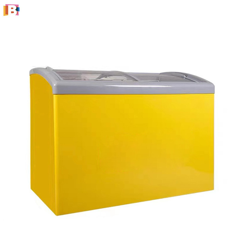 Commercial Curved Sliding Glass Door Chest Ice Cream Display Refrigerator Freezer For Supermarket