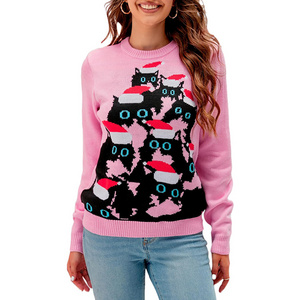 Funny Cat Ugly Christmas Sweater Pink Knitted Pullover Christmas Sweaters For Women