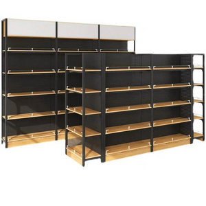 Custom wooden supermarket gondola shelf for retail store supermarket wooden display rack gondola shelving double-sided