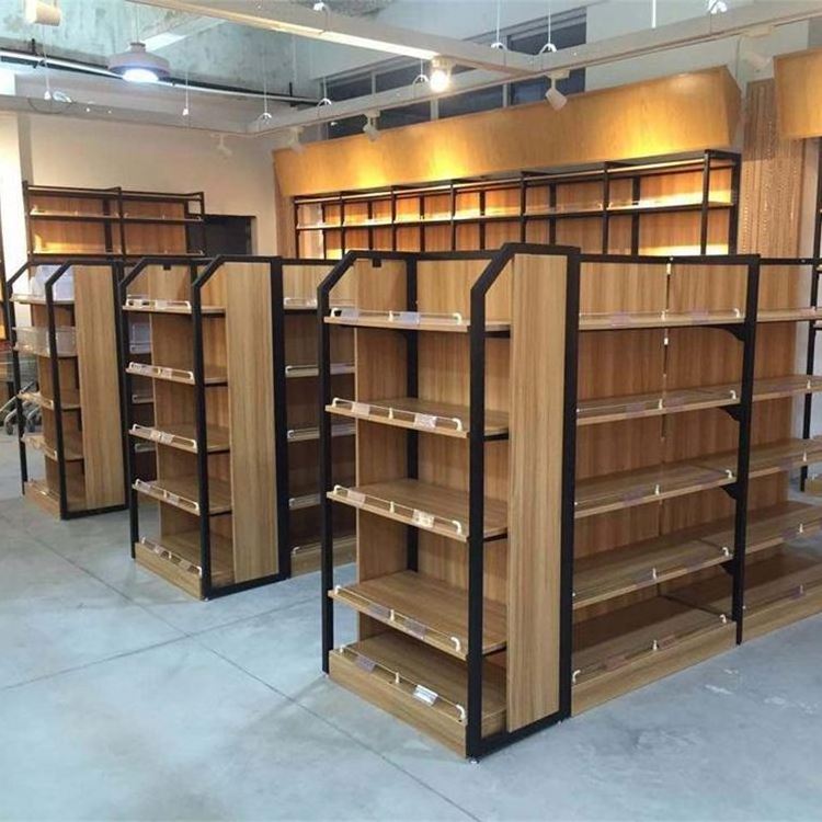 Custom Shop Shelves supermarket wooden display rack gondola shelving double-sided supermarket shelves super market racks