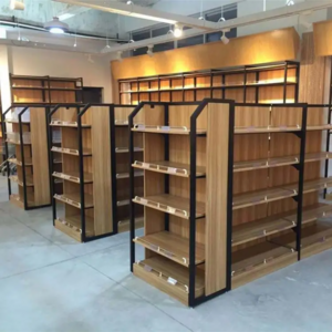 Custom grocery rack wooden supermarket shelf rack wood shelf with metal frame supermarket metal shelving