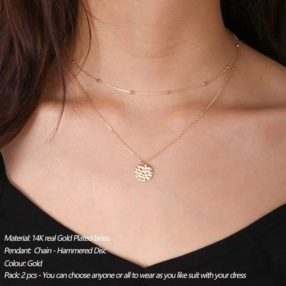 Fashion 14K Gold Plated Dainty Double  Layered Choker Necklace Bead Hammered Disc Y necklace hypoallerg Jewelry Gifts for Women