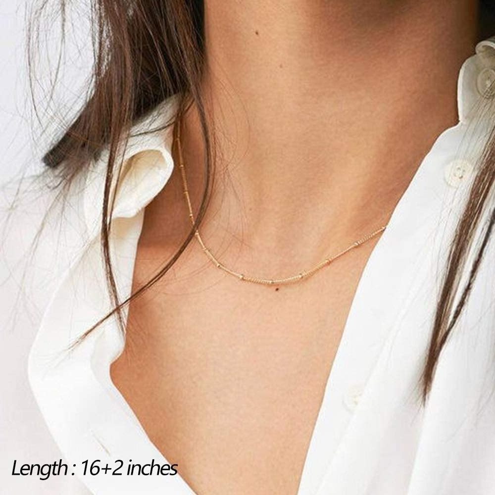 Fashion 14K Gold Plated Dainty Double  Layered Choker Necklace Bead Hammered Disc Y necklace hypoallerg Jewelry Gifts for Women