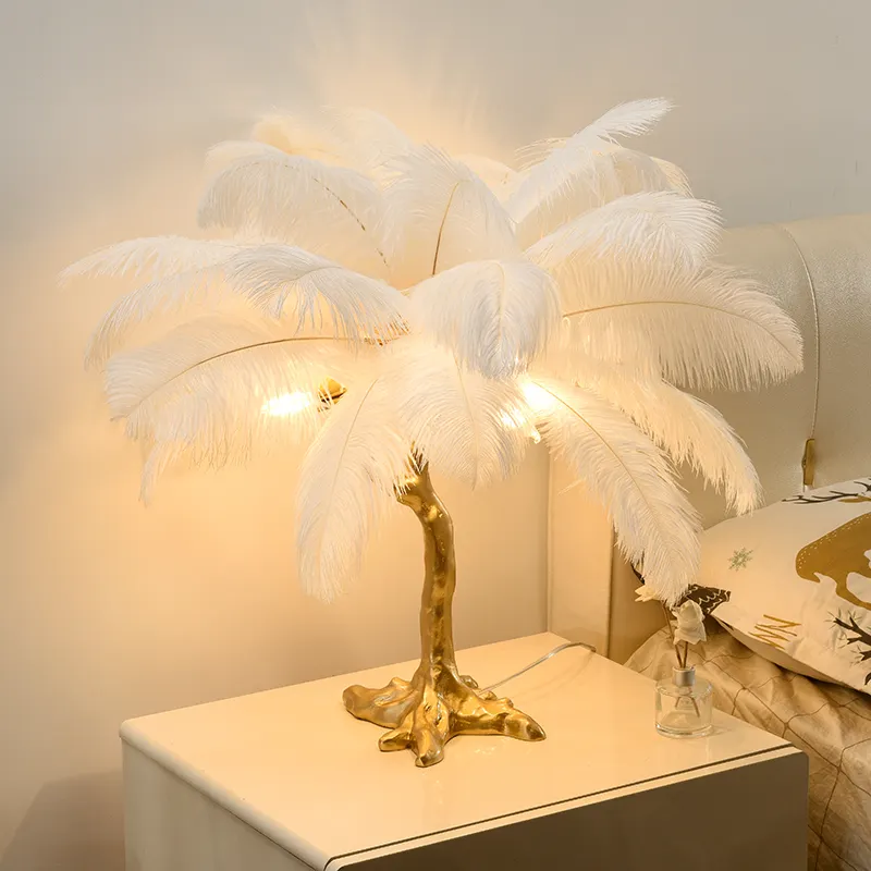 Modern Nordic Luxury Tree Branch Indoor Standing Light Resin Copper Ostrich Feather LED Floor Lamp