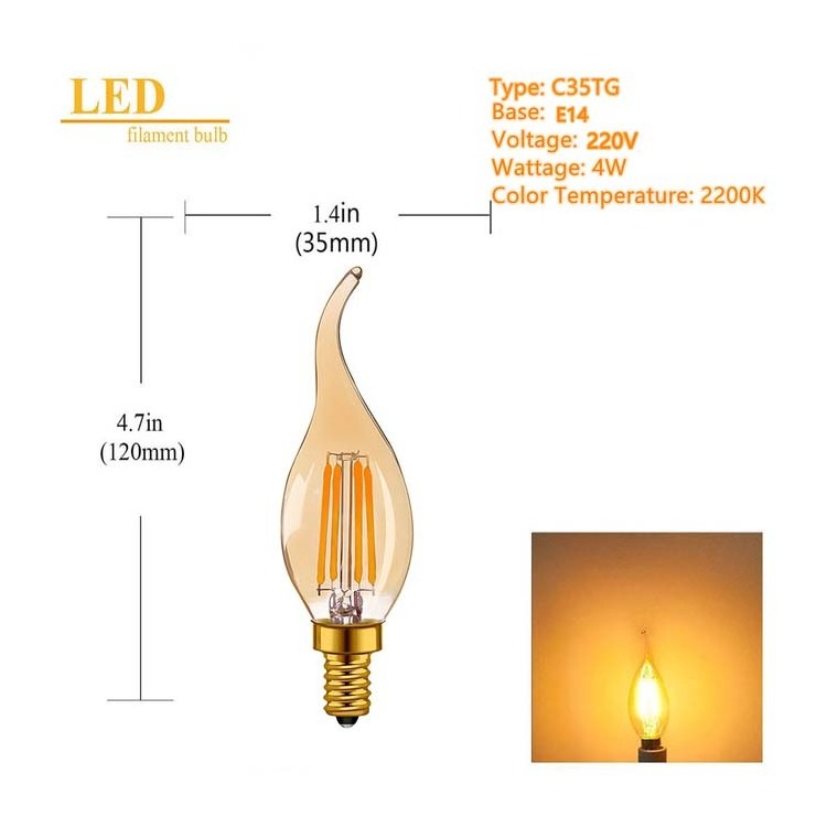 Factory sale warm white E12 E14 4W clear 2700K 6500K C35 filament led candle bulb