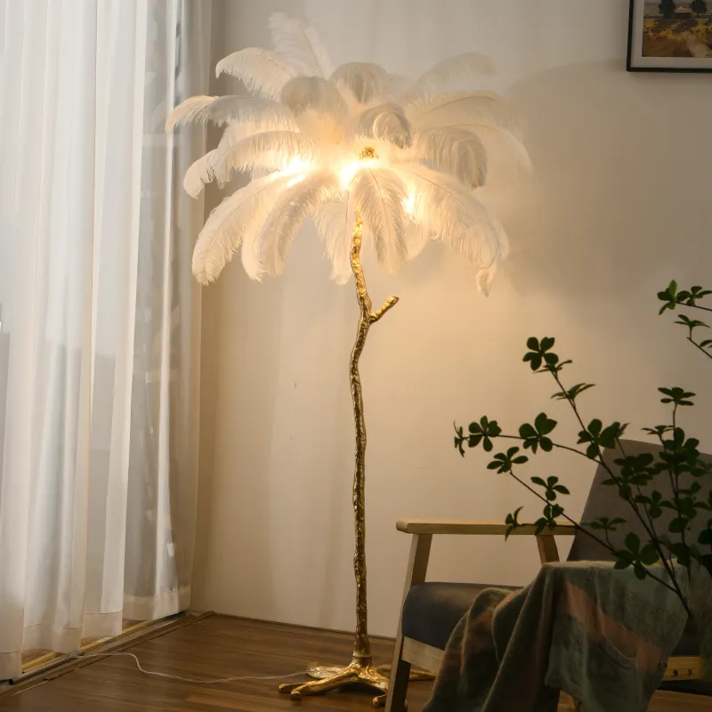 Modern Nordic Luxury Tree Branch Indoor Standing Light Resin Copper Ostrich Feather LED Floor Lamp