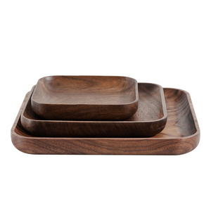 Wedding Handmade Use Household Bread Dessert Square Black Walnut Solid Wooden Acacia Serving Tray Dinner Plates Set