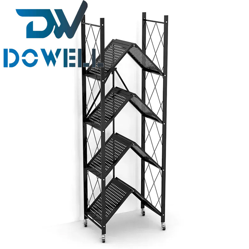 QINGDAO rangement cuisine maison Folding Metal Kitchen Organizer Shelf Mobile Foldable Storage Rack With Wheels