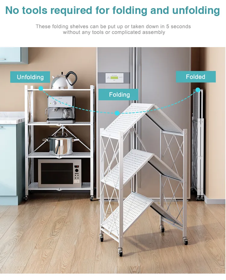 Mobile 5 Tier Metal Foldable collapsible kitchen storage Folding Shelf Rack For Bathroom Kitchen Living Room