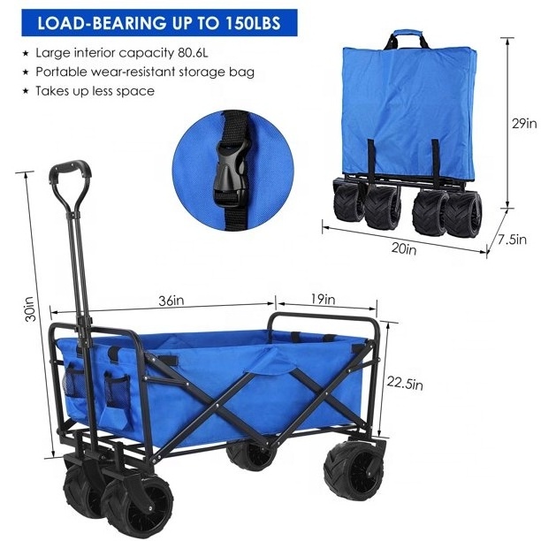 Collapsible Folding Garden Cart Outdoor wide wheel  Wagon Custom logoCart Foldable  beach wagon big wheels For Camping