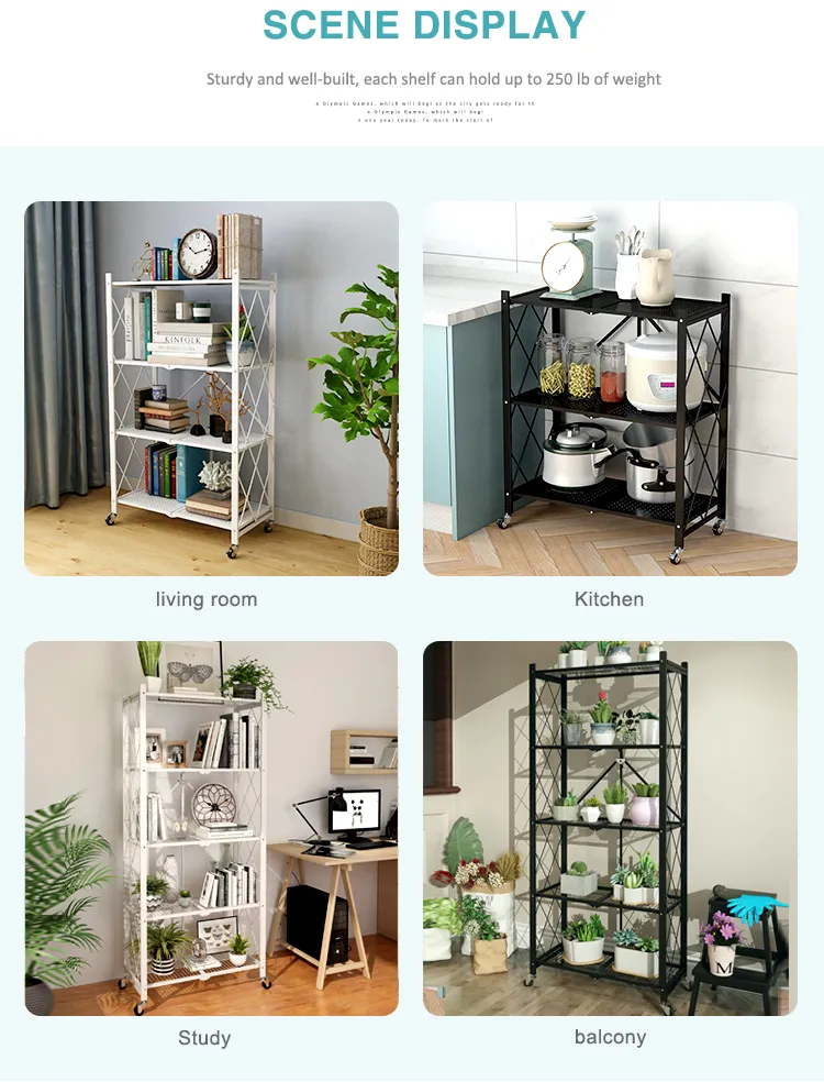 Foldable Kitchen Standing Shelving Unit Shelves Metal Storage Folding Pantry Rack with Wheels 5-tier