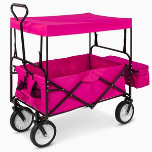 Best Choice Products Folding Utility Cargo Wagon Cart w/ Removable Canopy, Cup Holders - Pink