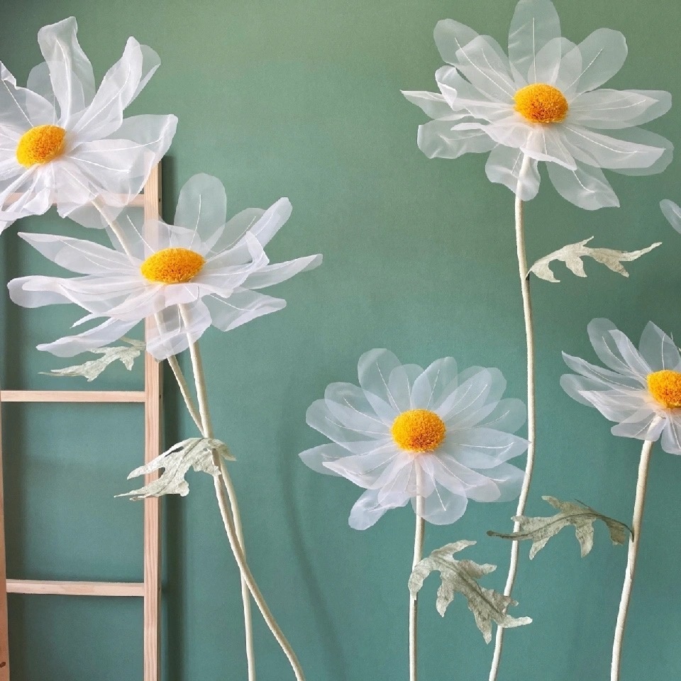 Wedding Decorations Giant Flowers Artificial Organza White Daisy With Stem And Base Stand Flower For Window Display