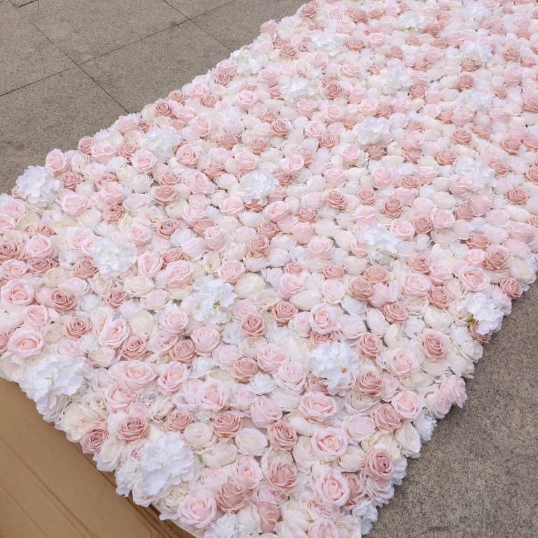 EG-S1001 Cheap Decorative wedding decor 3d white pink  rose artificial silk roll up flower wall panel backdrop