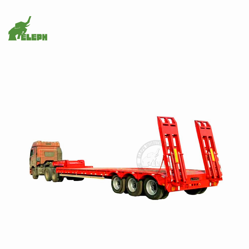 3 axles 50 ton lowboy truck towing specification dimensions 40ft container low bed tractor trailer