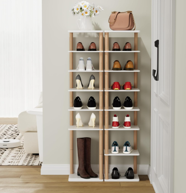 Hot Sells 8 Tiers Vertical Shoe Storage Free Standing Tall Shoe Shelf Small Wooden Shoe Holder