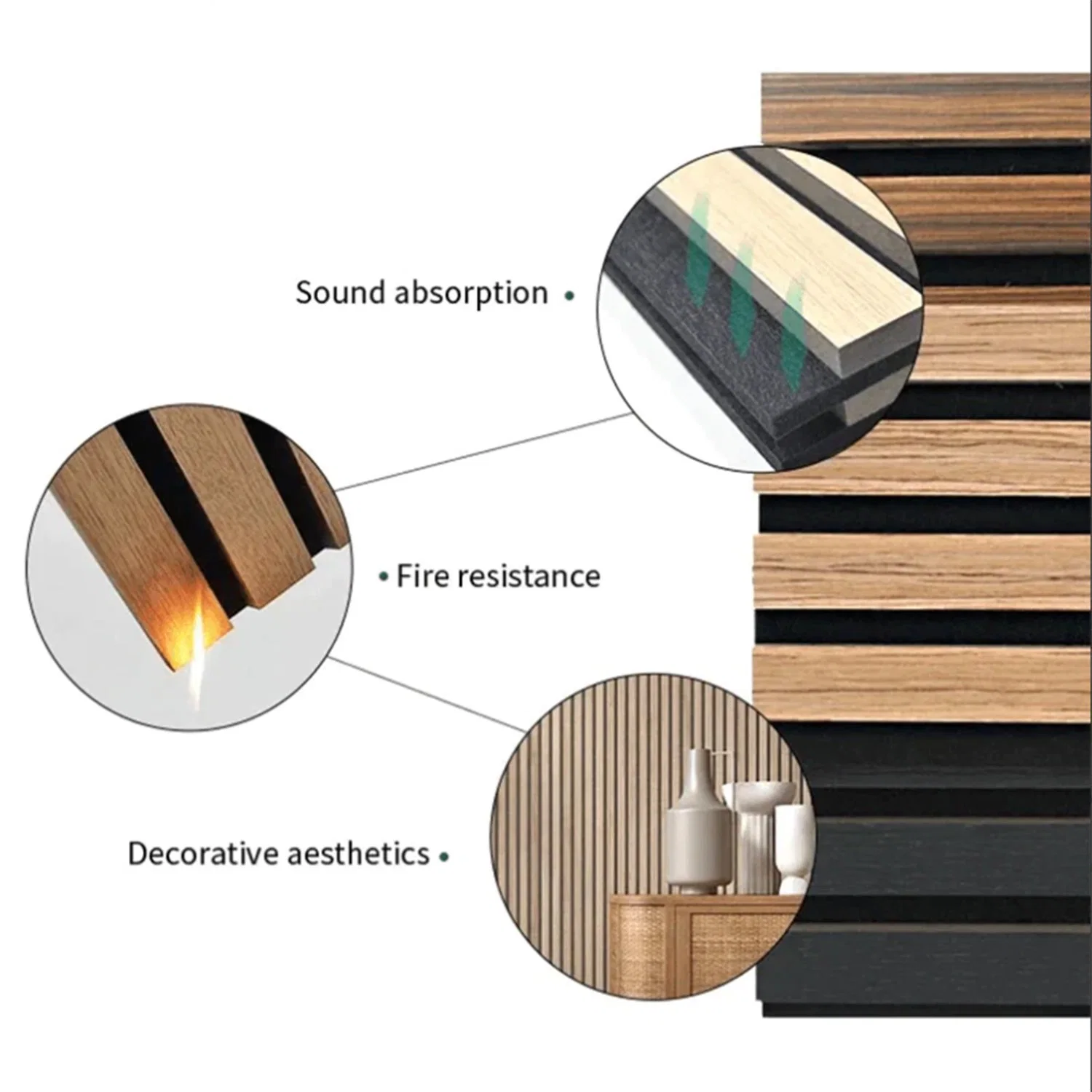 Oak real wooden veneer flame resistant sound reduce black grey pet felt backing acoustic wood wall panel slats