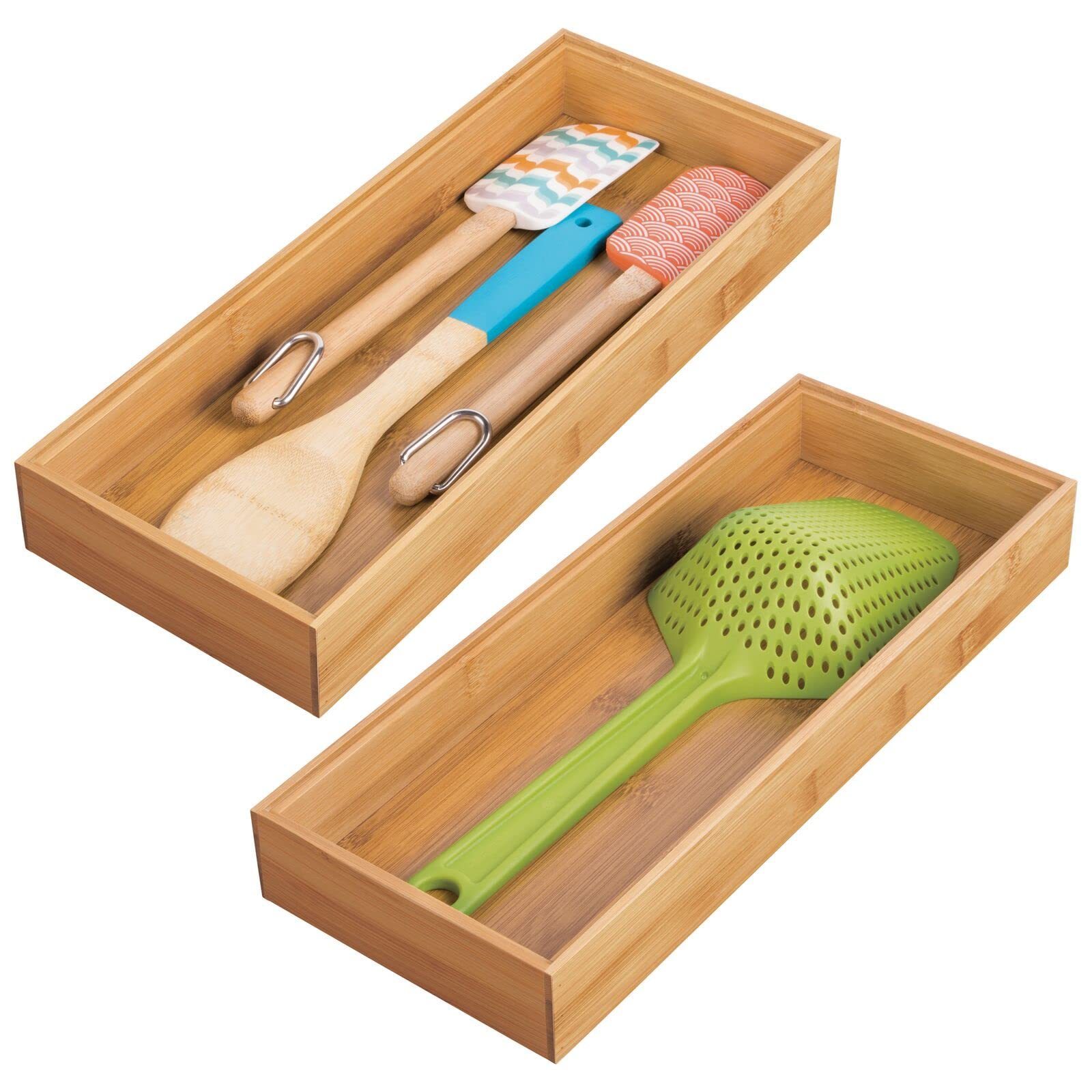 Hot Sales Natural Wood Long Stackable Storage Box Tray Wooden Bamboo Drawer Organizer Bamboo Utensil Organizer