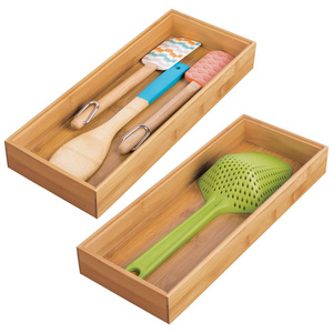 Hot Sales Natural Wood Long Stackable Storage Box Tray Wooden Bamboo Drawer Organizer Bamboo Utensil Organizer