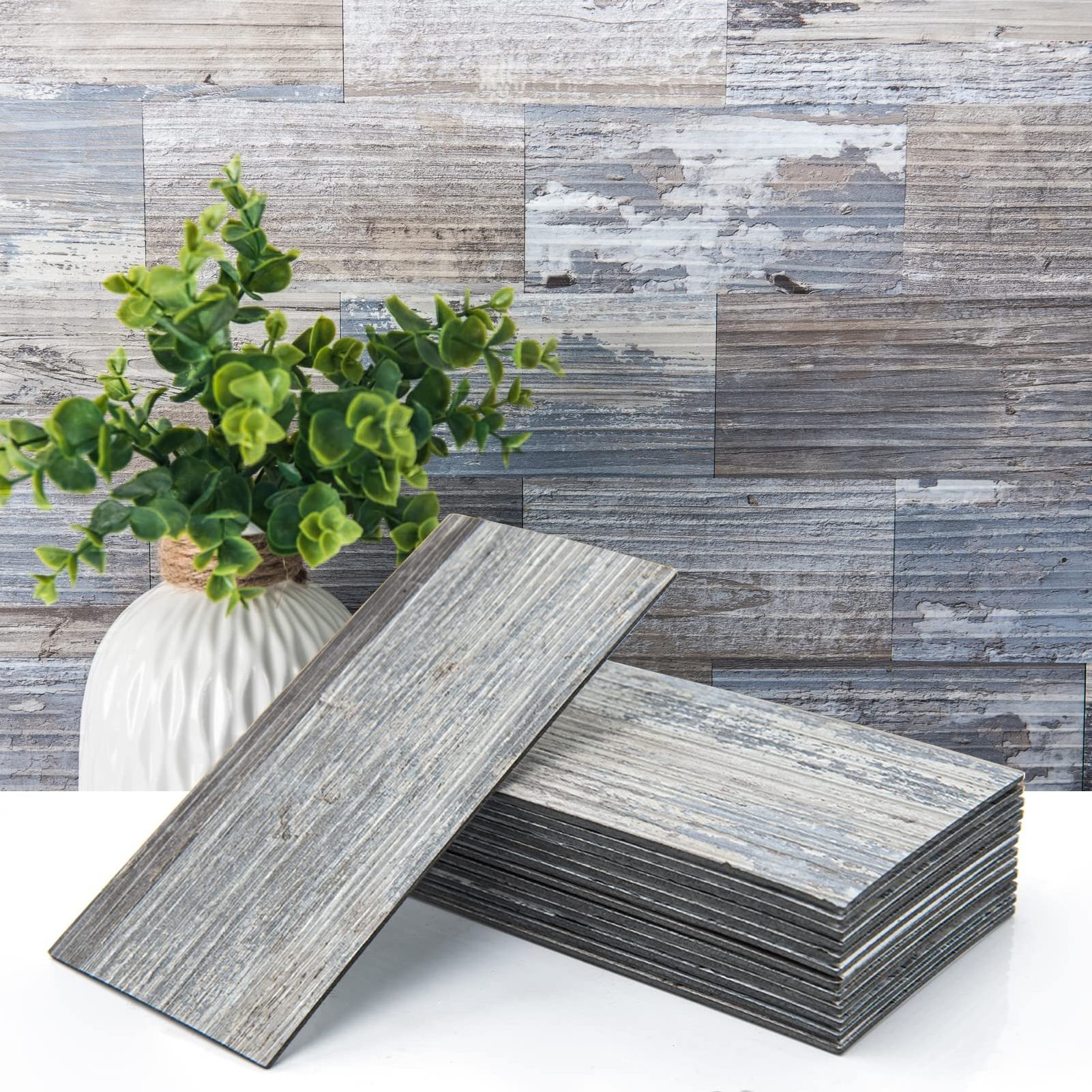 Weathered White-washed Wood Planks Stick on Wall Planks for Bedroom Adhesive Rustic Wood Paneling for Interior Accent Wall