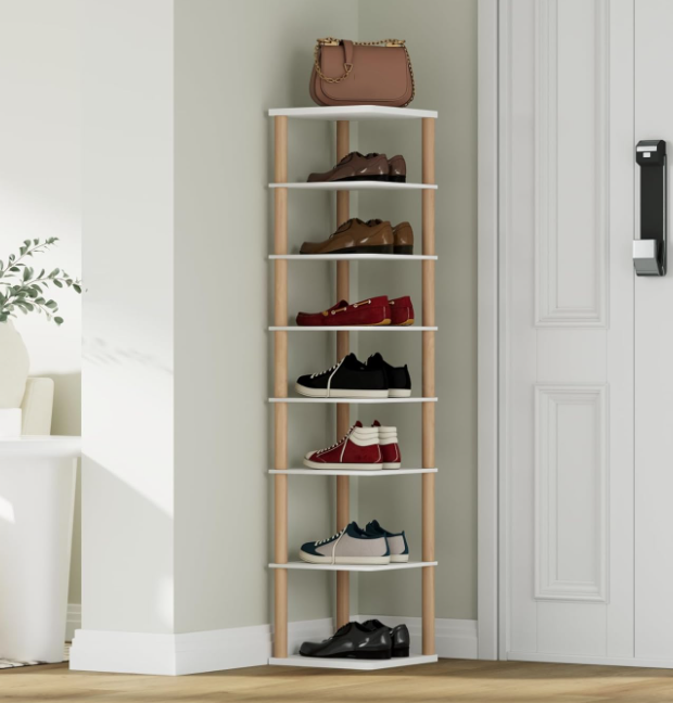 Hot Sells 8 Tiers Vertical Shoe Storage Free Standing Tall Shoe Shelf Small Wooden Shoe Holder