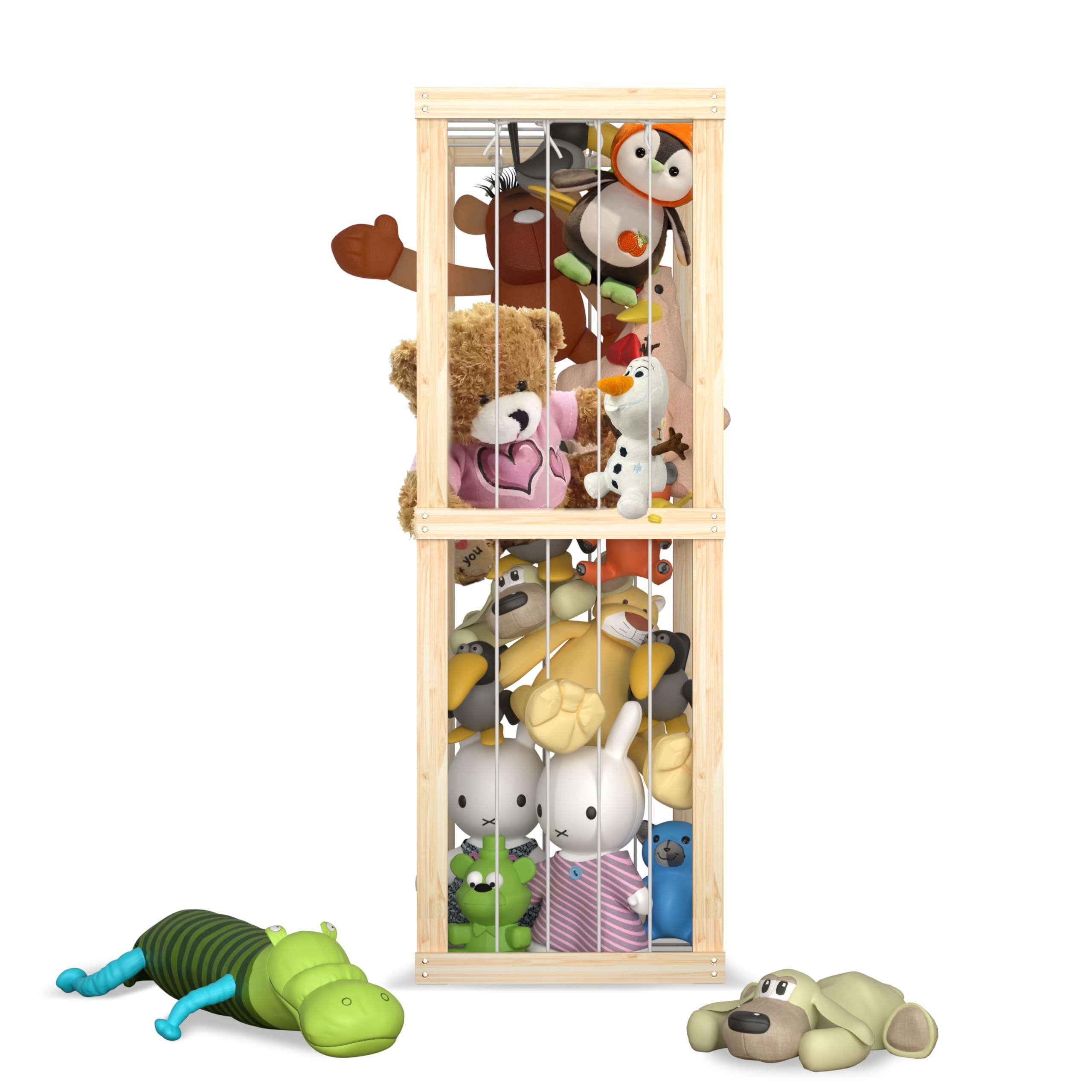 Wood Stuffed Ball Storage Baby Accessory Holder  Ball Storage Zoo Cage Wood Zoo Animals Plush Toy Organizer with Metal Hook