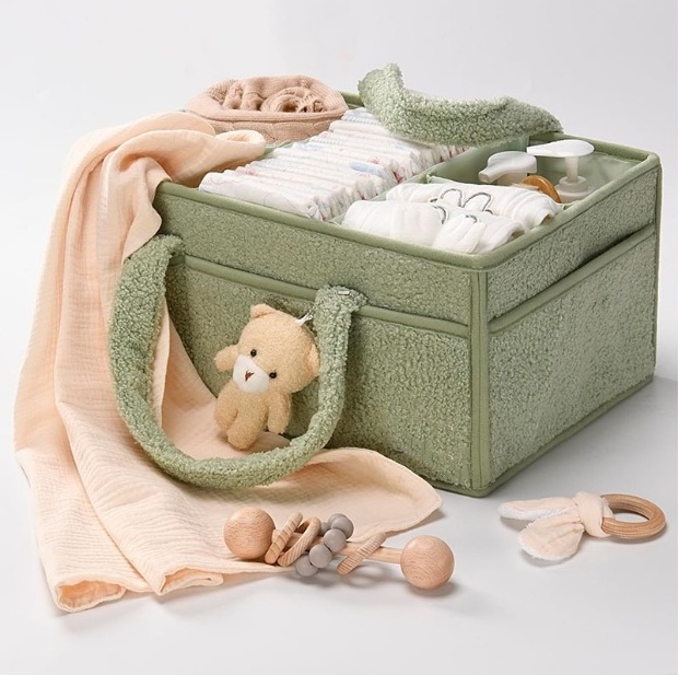 Portable Baby Diaper Caddy Organizer with Compartments Diaper Caddy Organizer With Plush Sherpa Exterior