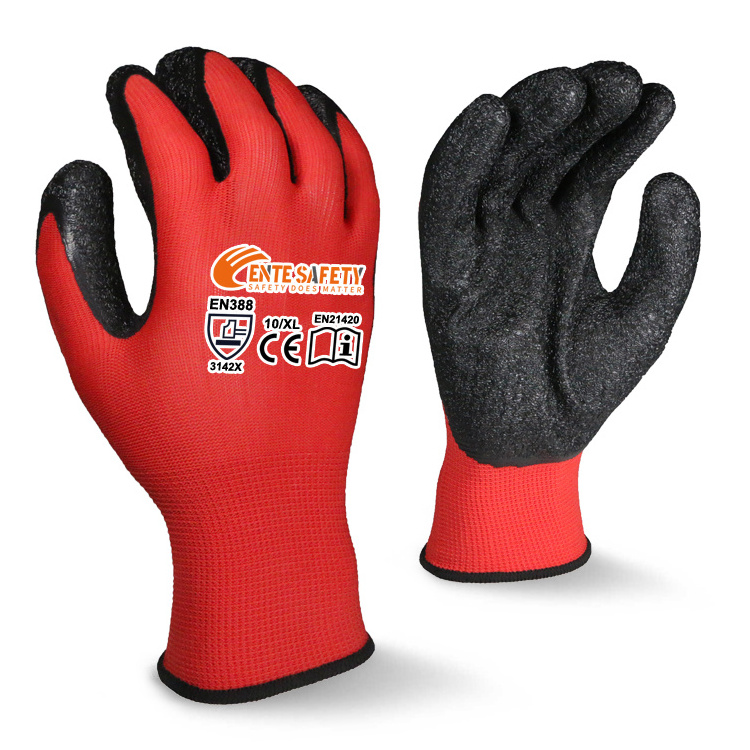 ENTE SAFETY 13Gauge latex rubber coated wrinkle palm construction hand protective working gloves