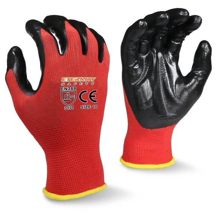 ENTE SAFETY Red 13g polyester seamless knitting black nitrile coated light weight work gloves