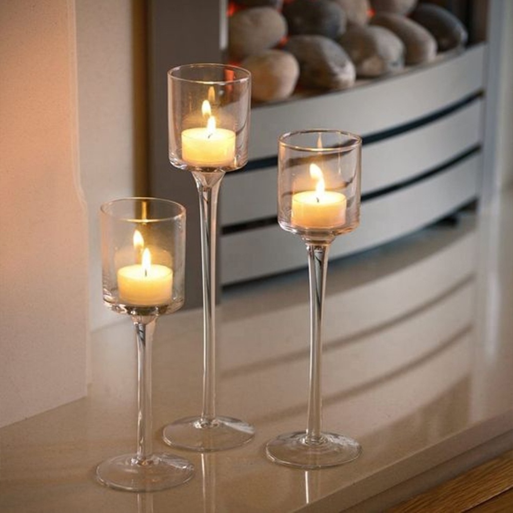 Luxury Clear Long Stem Wine Tall Glass Pillar Candle Holder for Wedding Decor