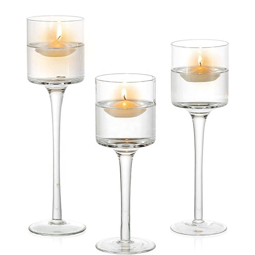 Luxury Clear Long Stem Wine Tall Glass Pillar Candle Holder for Wedding Decor