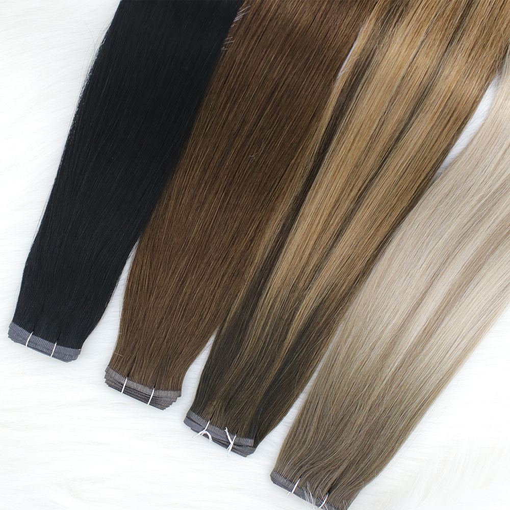 New double drawn flat track russian remy human hair weave 100g invisible skin pu weft hair extensions