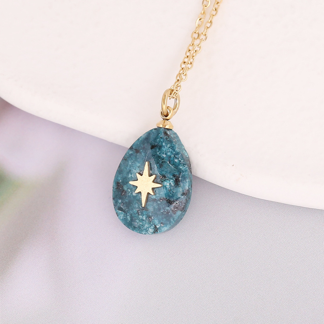 2023 Non tarnish gold plated stainless steel colorful natural stone cross lightning star sun irregular pendant necklace