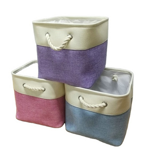 Colorful Jute Sewing Foldable Square Storage Baskets With Cotton Handles Toys Storage Boxes For Daily Sundries