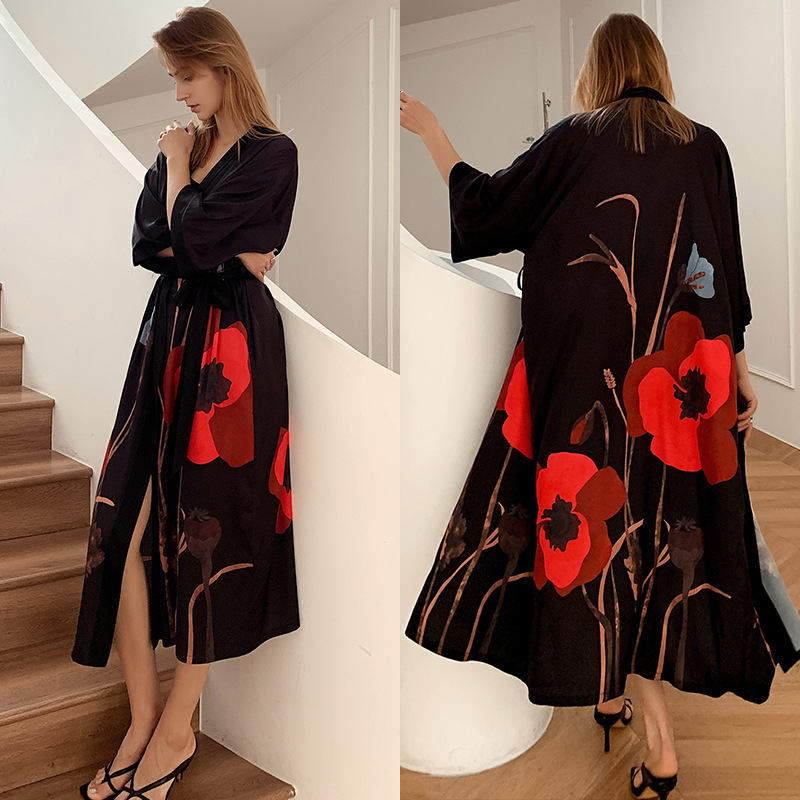 Drop Shipping Custom Wholesale Women Print Bathrobe Floral Kimono Long Robes Satin Robe for woman Women Robes