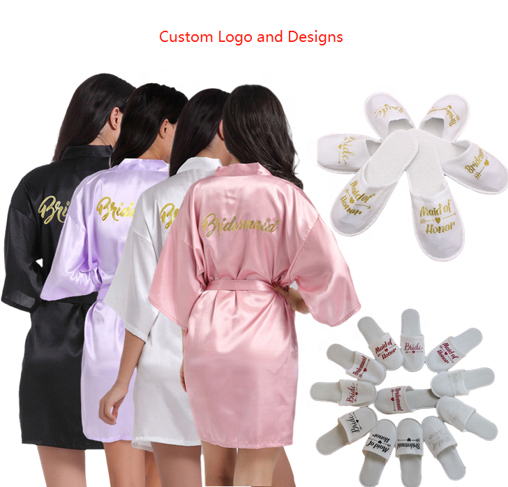 Custom Embroidery Bridesmaid's Kimono Silk Bathrobe Women Party Robe Solid Wedding Satin Bridal Robes Slippers Designer Robes