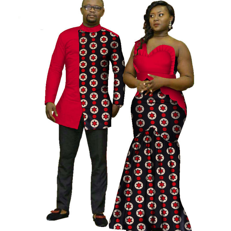 Africa ethnic wax printed strapless women dress with bracelet men's shirt Cotton African Couples Clothing