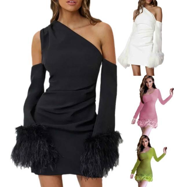 Elegant Sexy Black Crepe Long Sleeve One-Shoulder Ladies Ostrich Feather Trim Prom Mini Women Dress