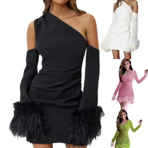 Elegant Sexy Black Crepe Long Sleeve One-Shoulder Ladies Ostrich Feather Trim Prom Mini Women Dress