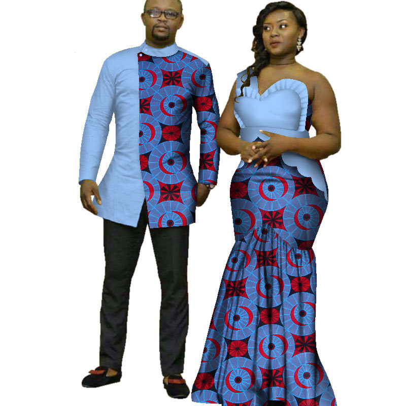 Africa ethnic wax printed strapless women dress with bracelet men's shirt Cotton African Couples Clothing