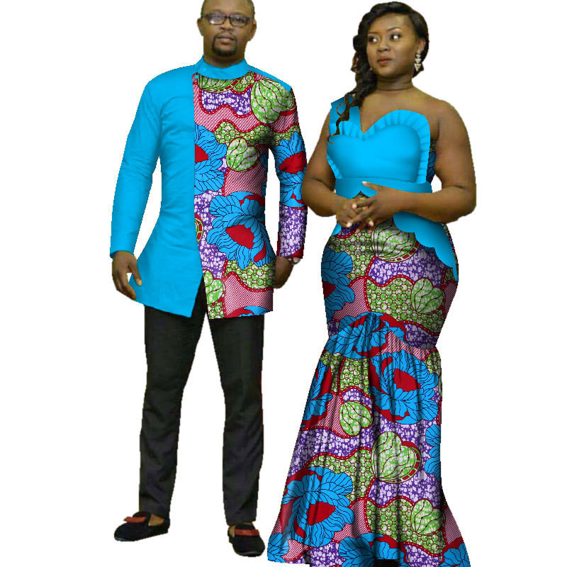 Africa ethnic wax printed strapless women dress with bracelet men's shirt Cotton African Couples Clothing